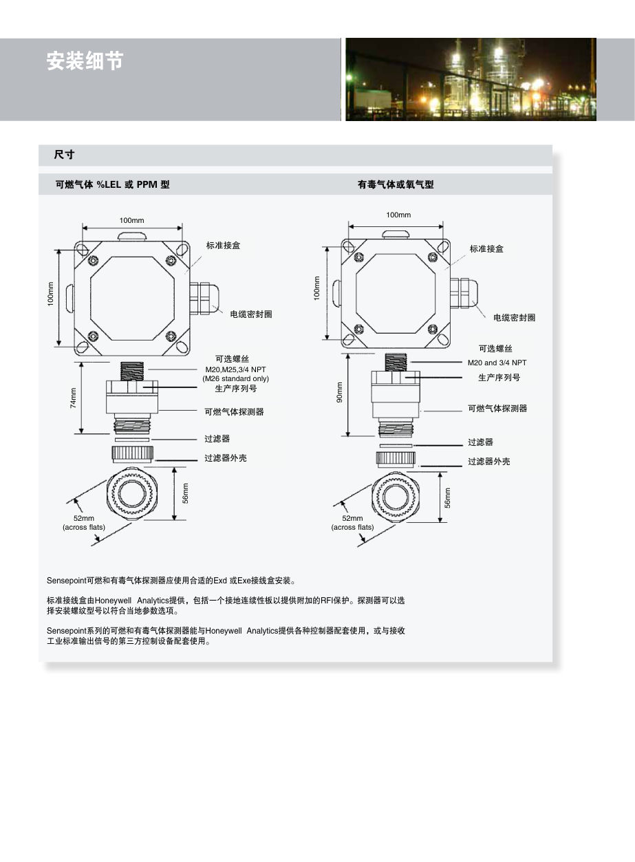 安装尺寸:可燃型与毒气/氧气型